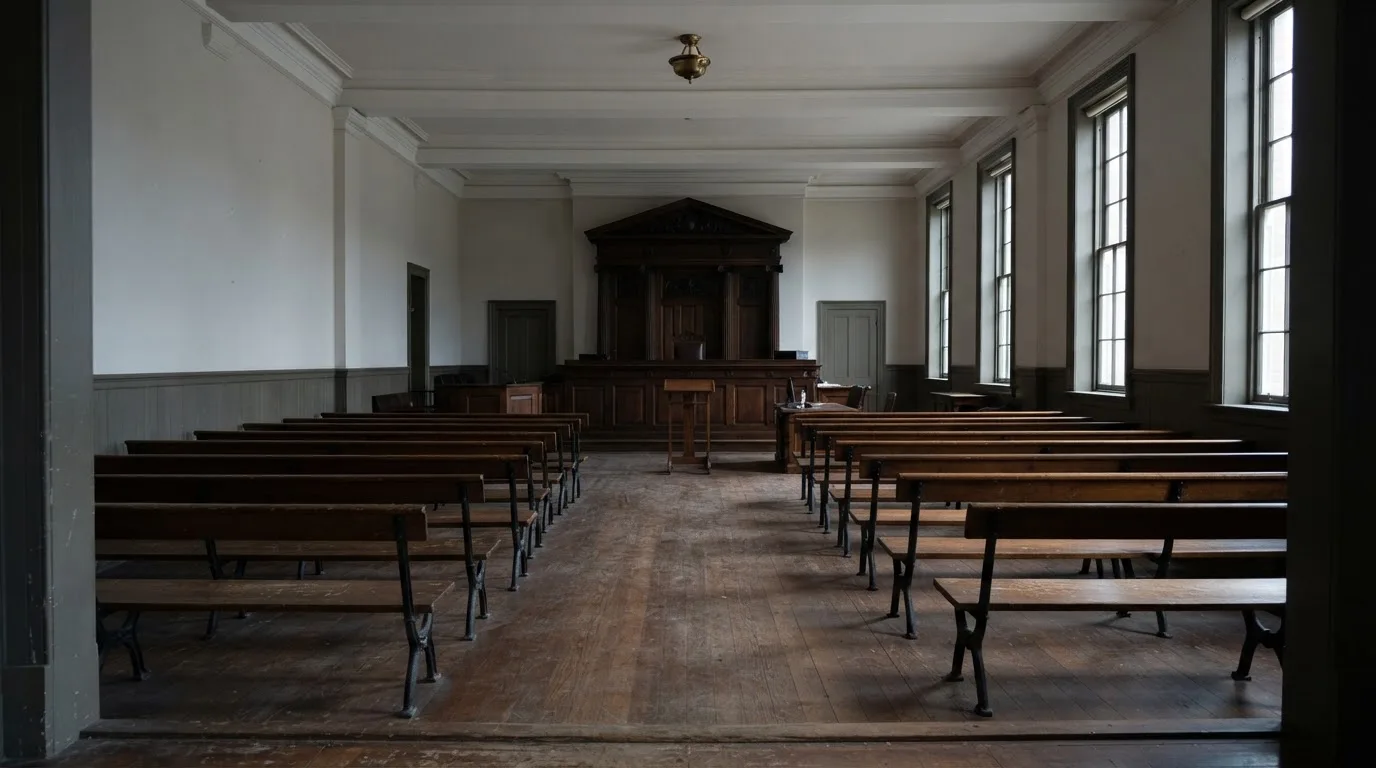 An empty courtroom with wooden benches in morning light