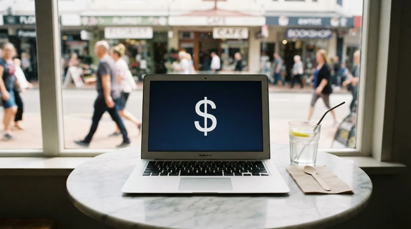 A laptop on a café table by a window onto the street