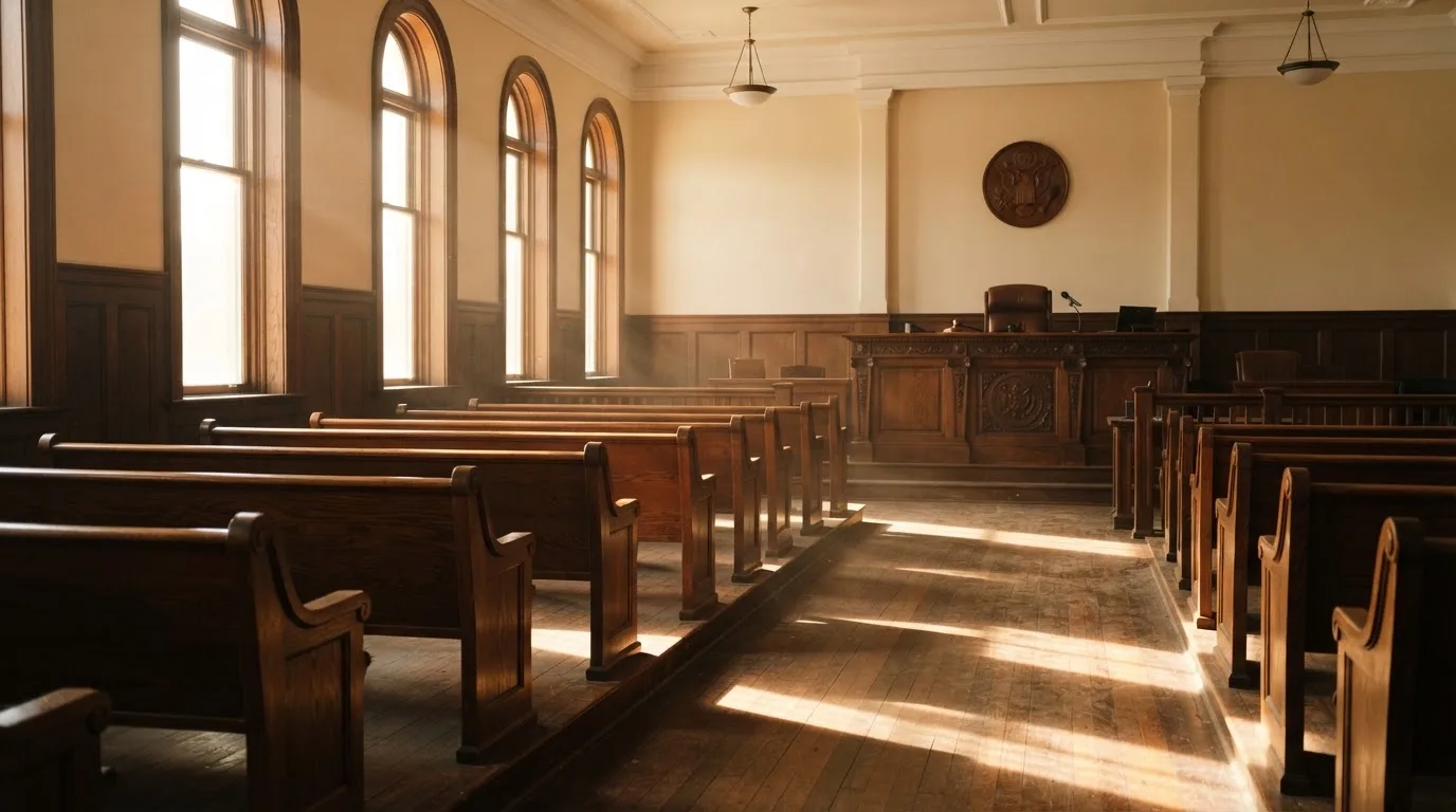 An empty courtroom with wooden benches in morning light