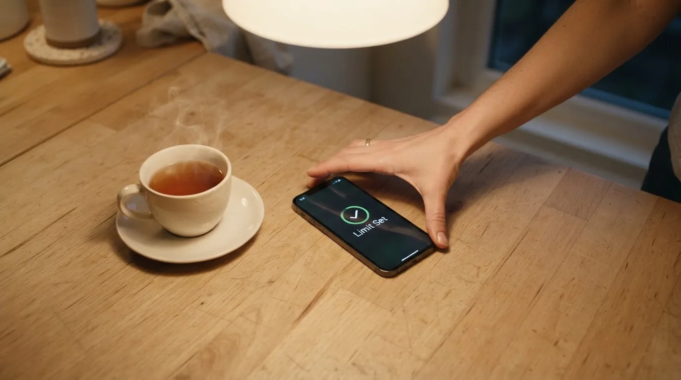 A hand setting a smartphone down beside a cup of tea on a kitchen table on a quiet evening